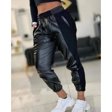 Periliçekeçe Kadın Yüksek Bel Lastikli Cepli Deri Detaylı Dalgıç Pantolon