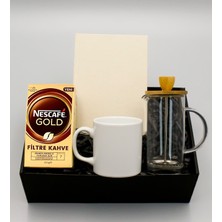 As Gift Kanvas Krem Defter & Beyaz Kupa & Bambu French Press & Nescafe Gold