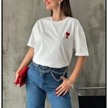 Periliçekeçe Unisex Bisiklet Yaka Baskılı Oversize T-Shirt - Beyaz