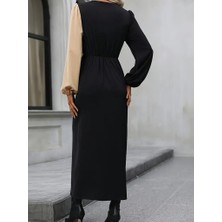 Periliçekeçe Kadın Uzun Kollu Kruvaze Yakalı Belden Çapraz Detaylı Çift Renkli Midi Ithal Krep Elbise