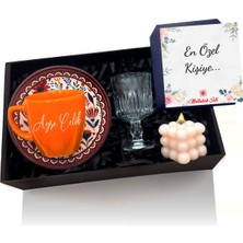 As Gift Kişiye Özel Turuncu Kahve Fincanı & Kahve Yanı Cam Su Bardağı & Bubble Mum Hediye Seti