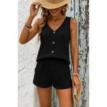 Artsviva Kadın Askılı Kolsuz V Yakalı Önden Düğmeli Bürümcük Bluz ve Short Ikili Takım