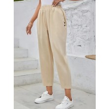 Modenya Kadın Yüksek Bel Yandan Cepli Düğme Detaylı Geniş Kesim Ithal Krep Pantolon