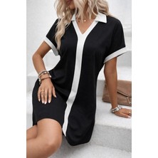 Periliçekeçe Kadın Kısa Kollu V Yakalı Onden Şerit Detaylı Yakalı Kısa Janjan Krep Elbise