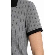 Periliçekeçe Polo Yaka Çizgili Tişört Kısa Kol Düğmeli Yazlık T-Shirt - Gri