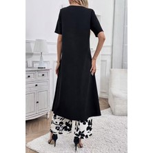 Periliçekeçe Kadın Kısa Kollu Önden Çapraz Detaylı Viskon Uzun Bluz ve Desenli Iki Iplik Pantolon Ikili Takım