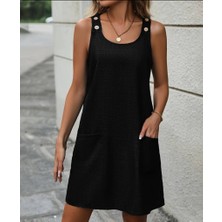 Periliçekeçe Kadın Kolsuz Kalın Askılı Düğme Detay Cepli Keten Elbise