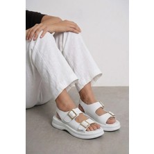 Giamgia Store Kadın Beyaz Iki Bantlı Kalın Taban Rahat Günlük Sandalet