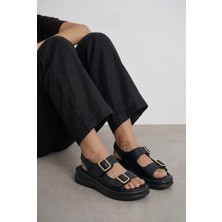 Giamgia Store Kadın Siyah Iki Bantlı Kalın Taban Rahat Günlük Sandalet