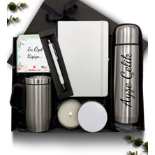 As Gift Kişiye Özel Kılıflı Çelik Termos & Bardak Termos & Defter & Mum & Kalem Hediye Seti