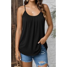 Periliçekeçe Kadın Ip Askılı Yuvarlak Yakalı Pileli Uzun Viskon Bluz