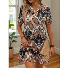 Periliçekeçe Kadın Kısa Kollu V Yakalı Desenli Kısa Süprem Elbise