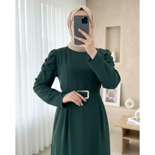 Moda Morfo Karpuz Kol Tokalı Kemerli Elbise -Zümrüt