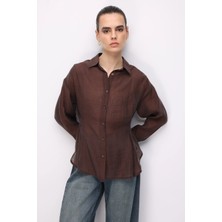Mixray 4846 Kadın Belden Oturtmalı Hafif Transparan Basic Gömlek Kahve
