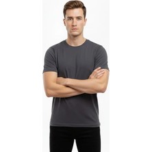 Modenya Erkek T-Shirt Bisiklet Yaka Slim Fit Dar Kesim Likralı Tişört Günlük Basic Body - Füme
