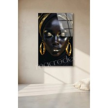 Macrodec Golden Muse Siyah ve Altın Sanatsal Kadın Portresi Cam Tablo - 4mm Temperli Kırılmaz Cam Duvar Dekoru