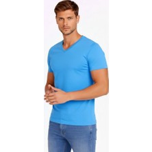 Modenya Erkek T-Shirt V Yaka Slim Fit Dar Kesim Likralı Tişört Günlük Basic Body - Açık Mavi