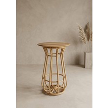 Lessio Home Fly Rattan & Bambu Alt Gövde Teak Üst Tablalı Yan Sehpa %100 El Işçiliği 65 cm