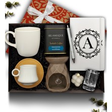 As Gift Kişiye Özel Beyaz Defter & Kupa & Fincan & Selamlique Kahve & Buhurdanlık & Bubble Mum & Kalem & Kahve Yanı Cam Su Bardağı Hediye Seti