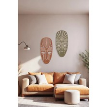 Macrodec Dual Tribal Set 2'li Metal Tablo - Etnik Maske Tasarımlı ve Toprak Tonlu Bohem Duvar Dekoru