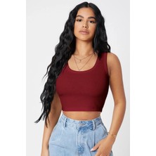 Modenya Kadın Bordo Kare Yaka Crop Top Bluz