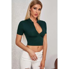 Modenya Kadın Yeşil Yarım Fermuarlı ve Kısa Kollu Crop Top Bluz