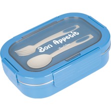 Tantitoni 3 Bölmeli Çatal Kaşıklı Mavi Paslanmaz Çelik Dikdörtgen Yemek Taşıma Kabı 750ML