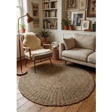 Lessio Home Osaka Yuvarlak Hasır Kilim - 100X100 cm - Doğal Eceng (Su Sümbülü) Malzeme El Örmesi Bohem Dekoratif Halı