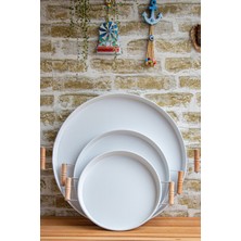 Ece Ev Modası Tepsi Seti Ahşap Kulplu Metal Çay Tepsisi Kahve Sunum Kahvaltı 3'lü Tepsi Seti 30-37-50 cm