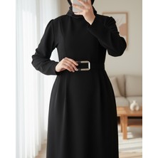 Moda Morfo Karpuz Kol Tokalı Kemerli Elbise -Siyah
