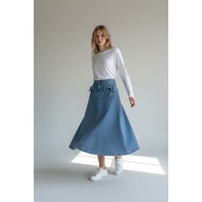 Vellichor Kurdele Detaylı Kot Etek- Açık Mavi