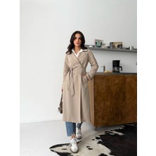 Comstar Kadın Klasik Cepli Kuşaklı Trend Midi Krem Trençkot