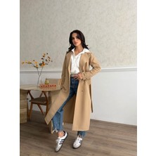 Comstar Kadın Klasik Cepli Kuşaklı Trend Midi Taba Trençkot