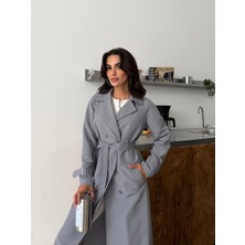 Comstar Kadın Klasik Cepli Kuşaklı Trend Midi Gri Trençkot