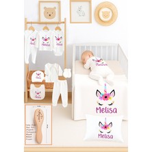 Sitilin Kız Bebek %100 Pamuk Unicorn Organik Isim Baskılı Yenidoğan Hastane Çıkışı Fırça Bebek Hediye Seti