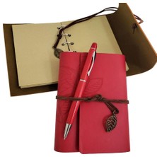 Elwes Özel Ahşap Kutulu Kırmızı Deri Defter ve Kalem Set