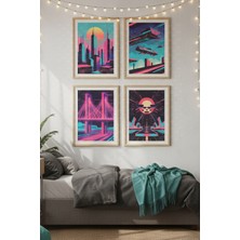 Tontilika Retro Gelecek 4’lü Ahşap Çerçeveli Tablo Seti - Modern Genç Odası Dekoru