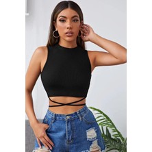 Modenya Kadın Siyah Çapraz Bağlamalı Crop Top Büstiyer