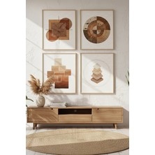 Tontilika Ahşap Dokulu Geometrik 4’lü Ahşap Çerçeveli Tablo Seti - Salon Dekoru