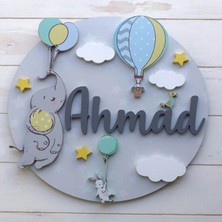 Brand House Doğal Ahşap Katmanlı Lazer Kesim Fil ve Tavşan Temalı Bebek Kapı ve Duvar Süsü