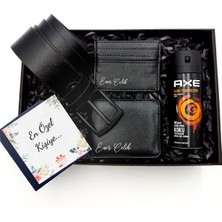 As Gift Kişiye Özel Siyah Cüzdan & Kartlık & Kemer & Axe Deodorant Hediye Seti