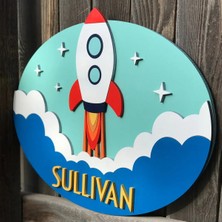 Brand House Doğal Ahşap Lazer Kesim “uzay 2” Temalı Çocuk ve Bebek Kapı Süsü 40CM