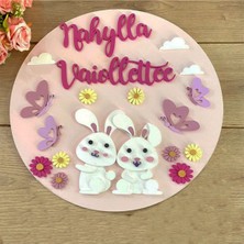 Brand House Doğal Ahşap Lazer Kesim Tavşan Temalı 3D Katmanlı Çocuk ve Bebek Kapı Duvar Süsü