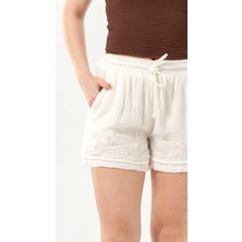 Eliş Şile Bezi Beli Lastikli Cunda Çift Cepli Yazlık Nakışlı Müslin Mini Şort Kırık Beyaz Krkbyz