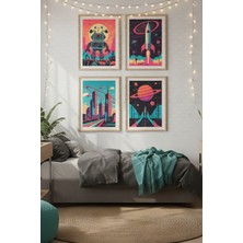 Tontilika Retro Uzay 4’lü Ahşap Çerçeveli Tablo Seti - Modern Genç Odası Dekoru