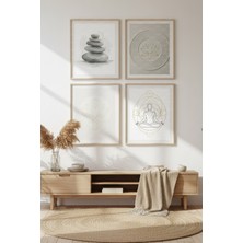 Tontilika Zen Denge Dekoratif 4’lü Ahşap Çerçeveli Tablo Seti - Lotus Temalı Duvar Dekoru