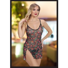 Velmora Floral Transparan Mini Gecelik – Siyah Çiçek Desenli