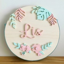 Brand House Pembe Çiçekler Temalı Doğal Ahşap 3D Katmanlı Çocuk ve Bebek Kapı Duvar Süsü