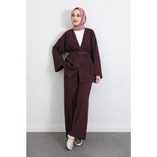 Trend Cojans Kemerli Pantolonlu Kimono Takım   -Mürdüm
