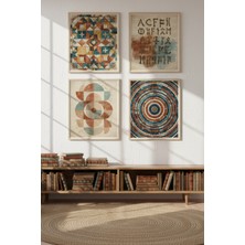 Tontilika Retro Geometrik Desenler Dekoratif 4’lü Ahşap Çerçeveli Tablo Seti - Çalışma Odası Dekoru
